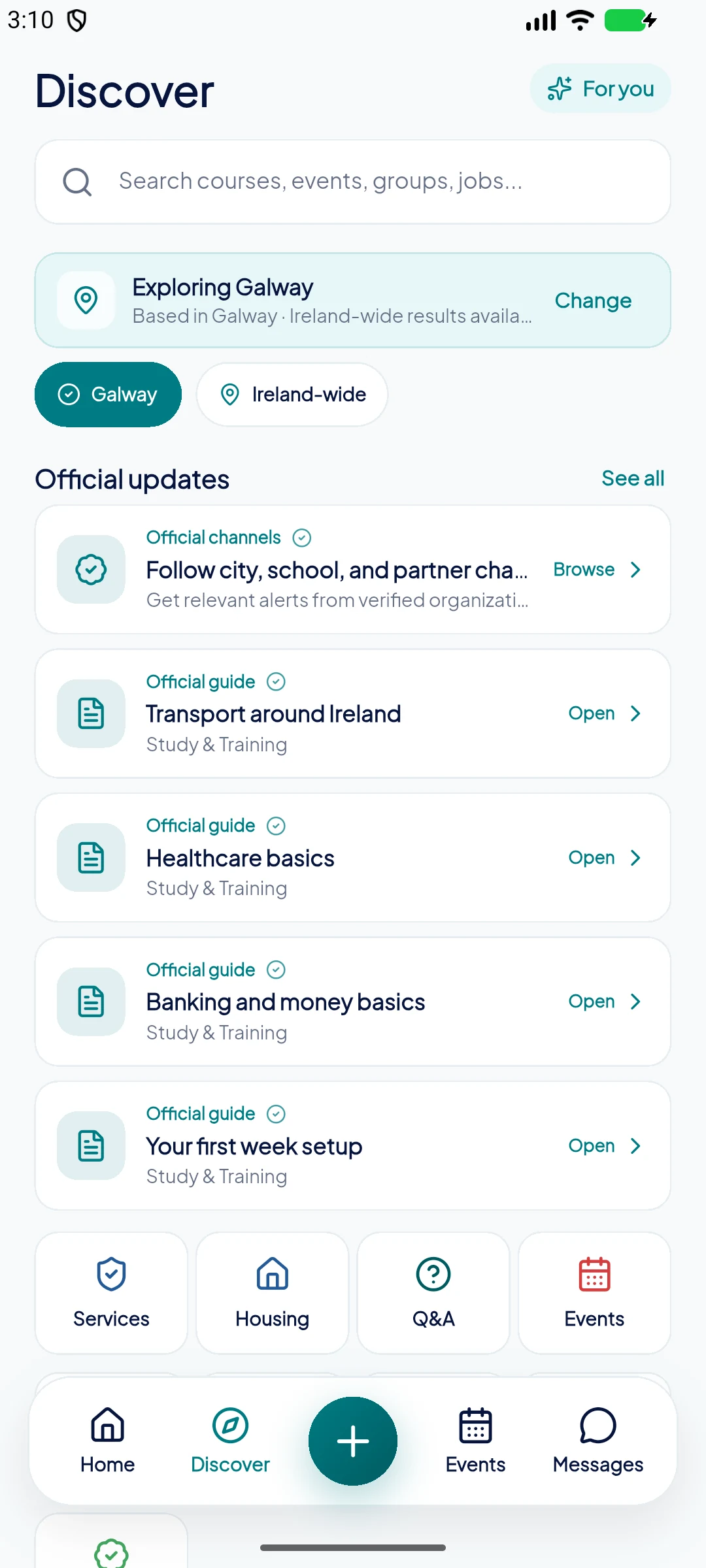 ISS Hub Discover screen showing official guides, services, housing, jobs, events and Q&A