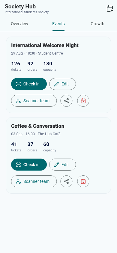 ISS Hub society event list with check-in, editing and scanner-team controls