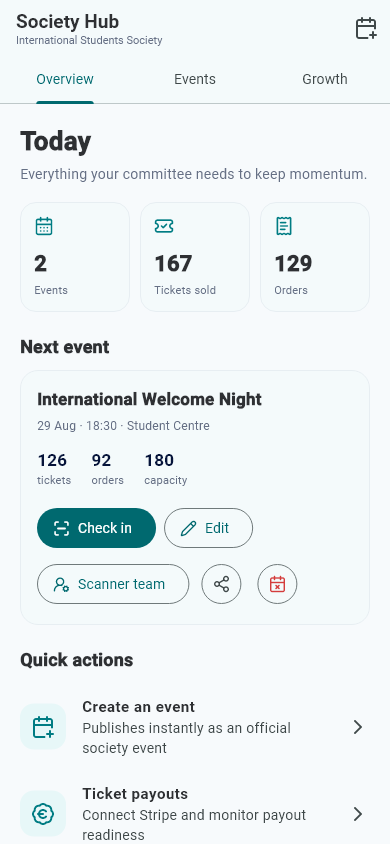ISS Hub Society Hub overview with events, tickets, orders and payout tools