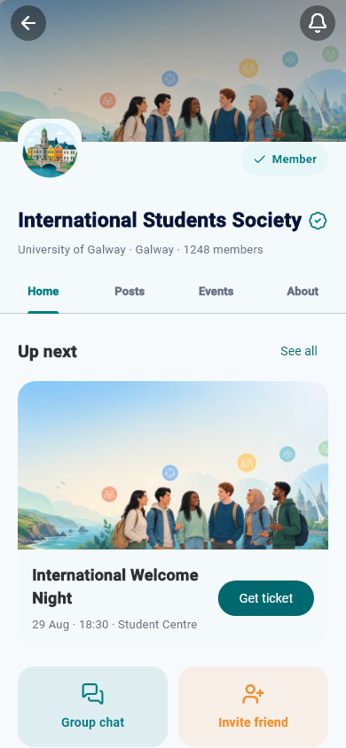 Public society profile in ISS Hub with members, posts, chat and an upcoming event
