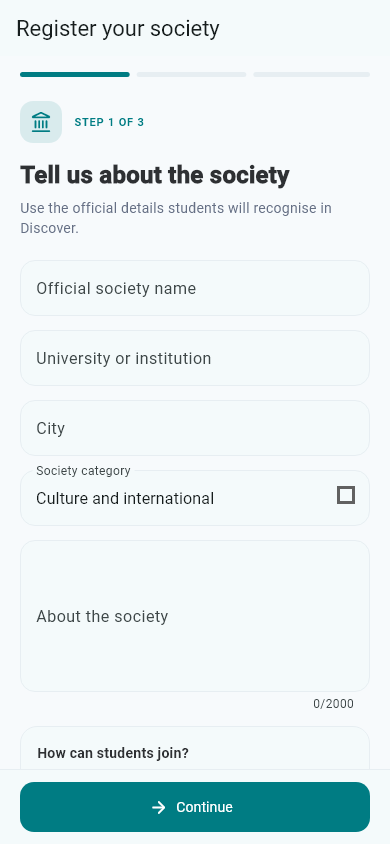 ISS Hub society registration screen