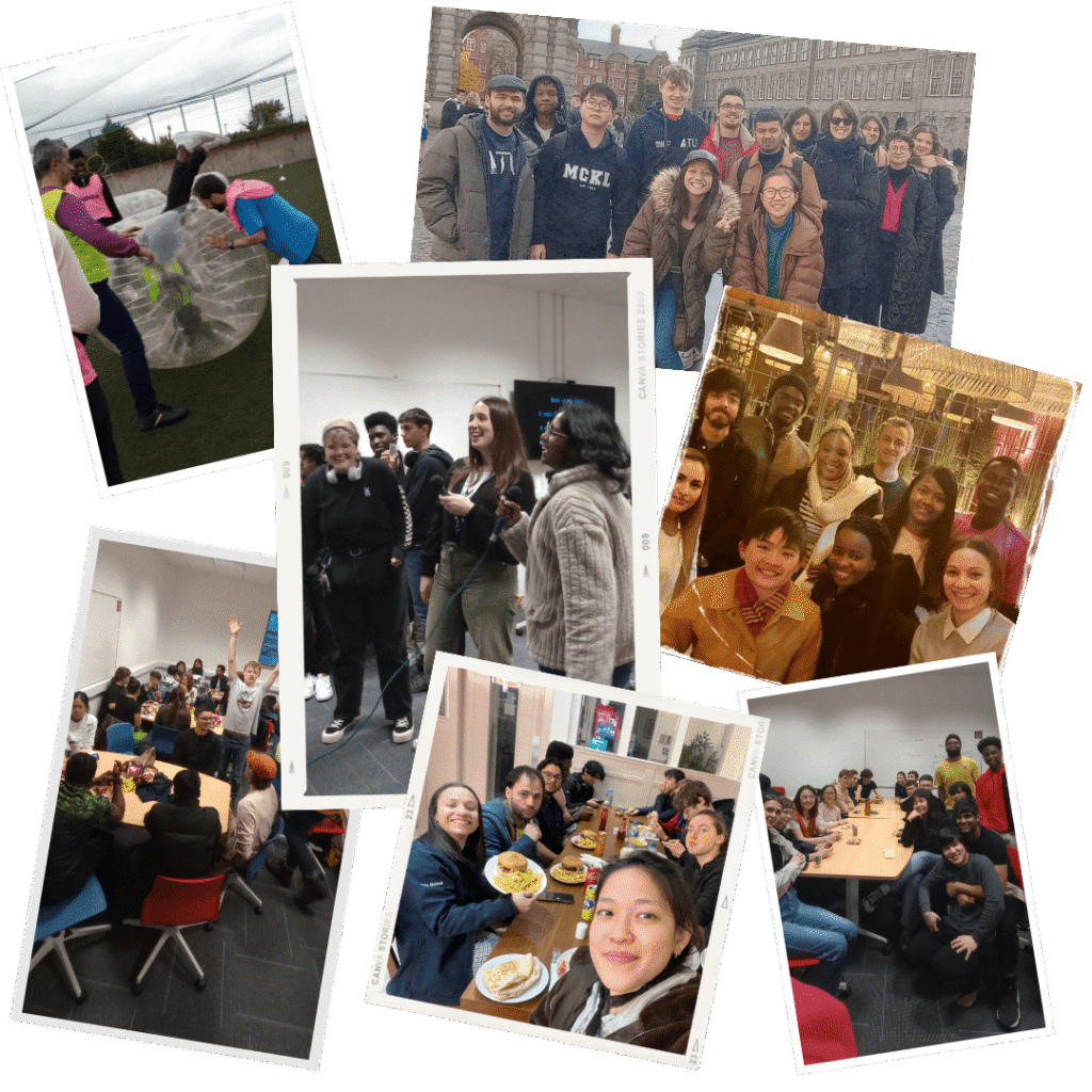 Collage of International Student Society activities, featuring outdoor games, dining together, and group outings, showcasing student diversity and engagement.