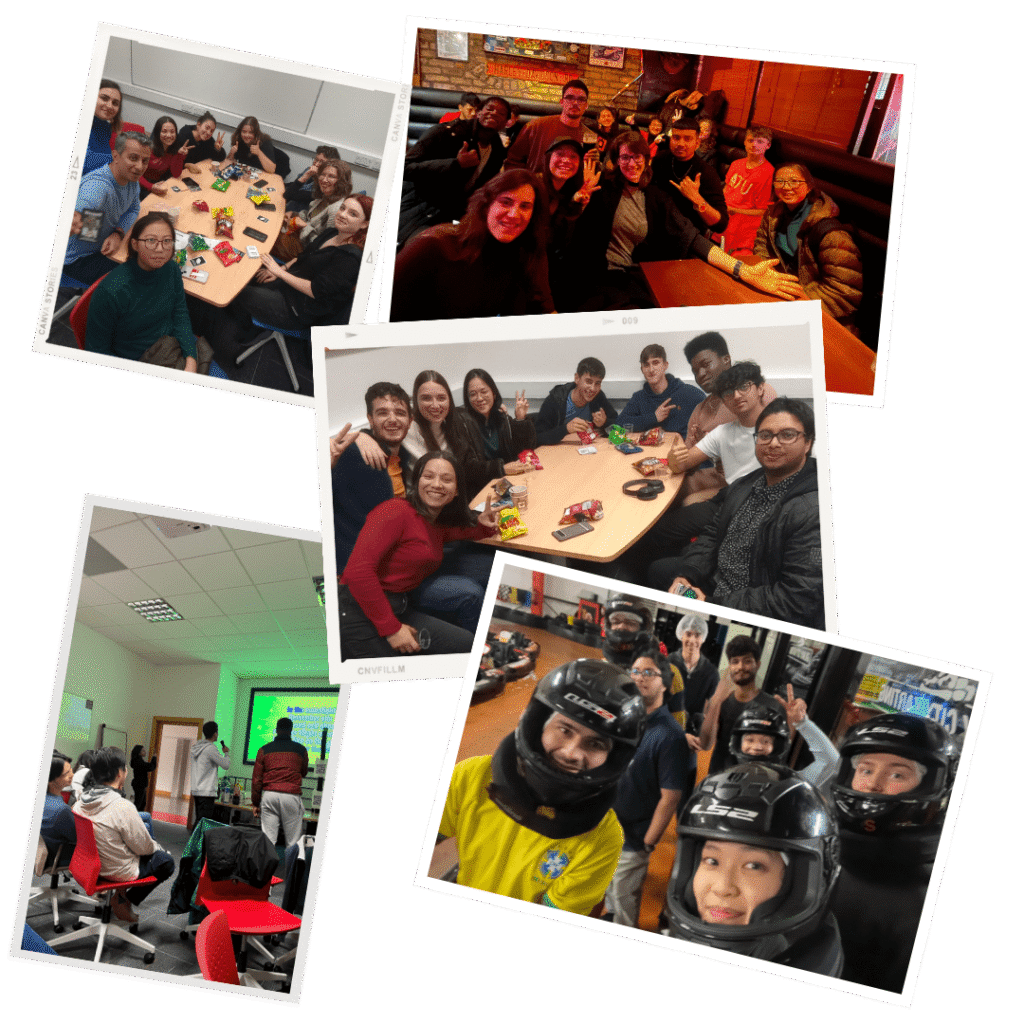 International Student Society members engaging in diverse activities including board games, dining out, and go-karting.